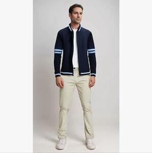 Full-Zip Cardigan Sweater, Knit Stand Collar, Sporty Casual M‎ Blue